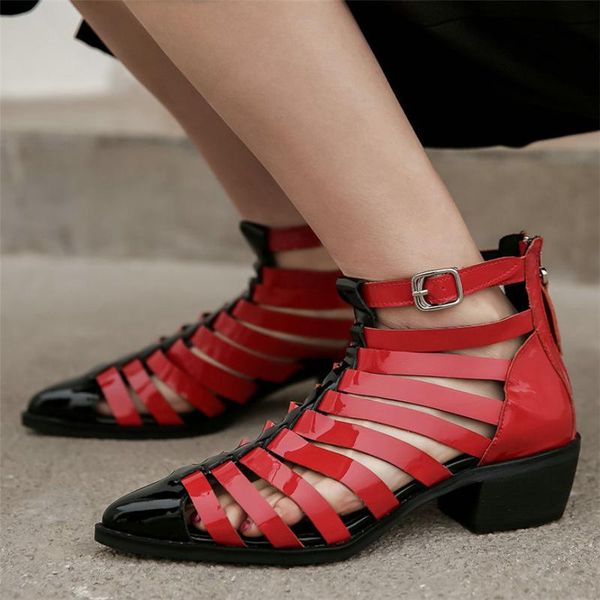 

boots chic shoes women genuine leather chunky med heels cut out ankle female straps pointed toe summer pumps casual, Black