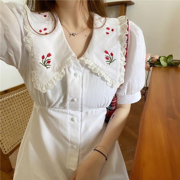 

korean cute floral embroidery doll womens dresses collar mini summer single breasted puff short sleeve black white, Black;gray