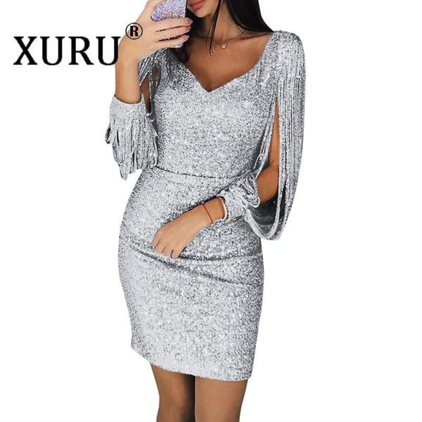 

casual dresses xuru europe and america fringed lantern sleeve dress autumn women's nightclub v-neck shiny, Black;gray