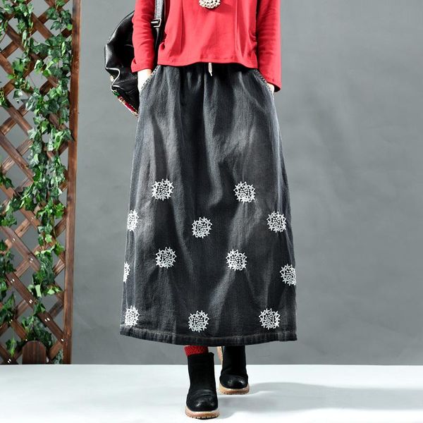 

literary washing grinding white embroidery cowboy bust skirts girl show a word skirt women thin elastic waist autumn fund, Black