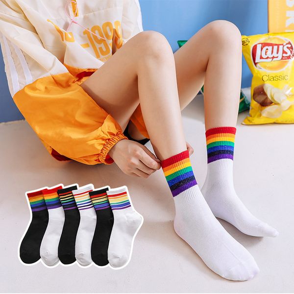 

autumn and winter trend rainbow fashion color striped middle tube women's socks, Black;white