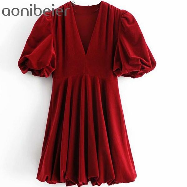 

red velvet bud dress summer fashion puff sleeve v neck high waist women party female casual mini skater 210604, Black;gray