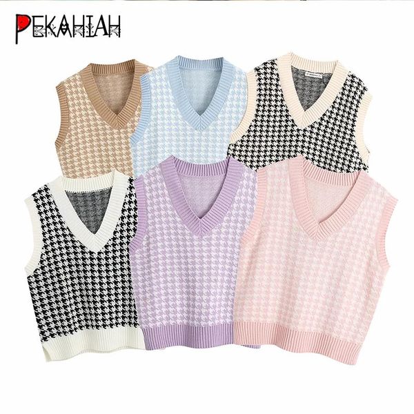 

women's sweaters vintage v-neck oversize vest knitted sweater fashion slim sleeveless plaid pullover lady casual loose chic 2021, White;black