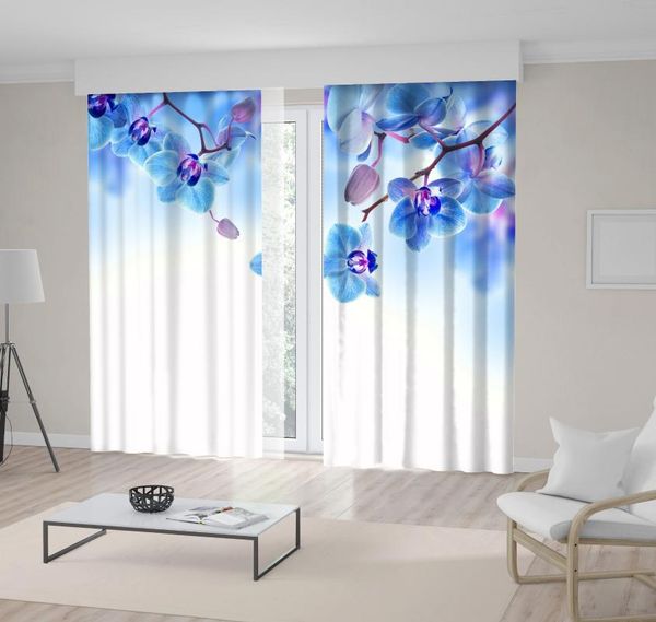 

curtain & drapes orchids branches tropical flowers buds on becomes blurred background decorating po printed blue white