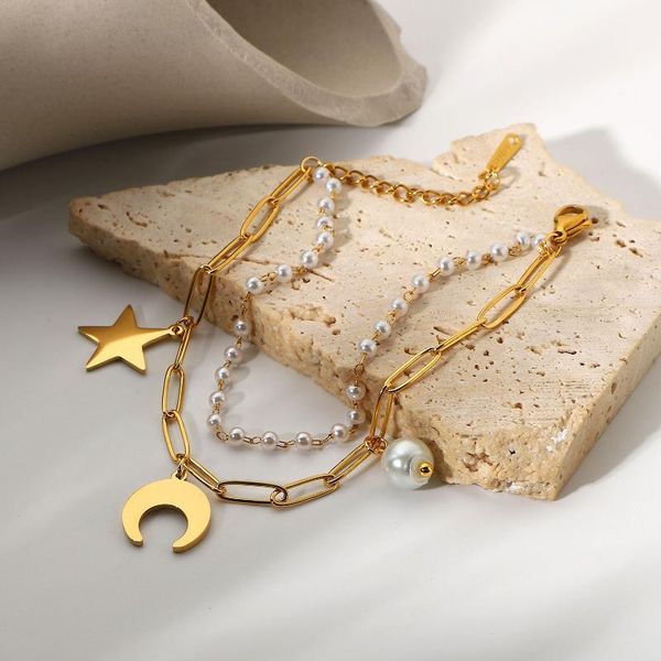 

charm bracelets stainless steel matching star moon pearl pendant double layer bracelet lady chain pulseras mujer, Golden;silver