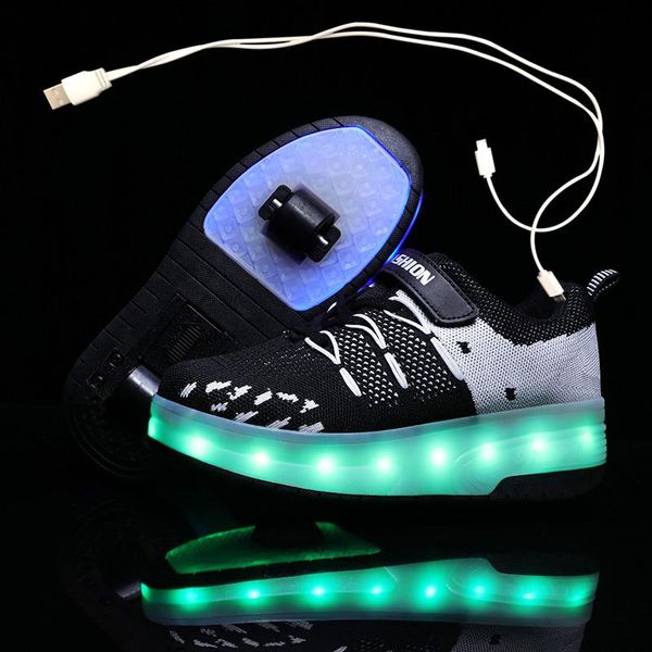 

children two wheels luminous glowing sneakers black blue led light roller skate shoes kids boys girls usb charging, Black;red