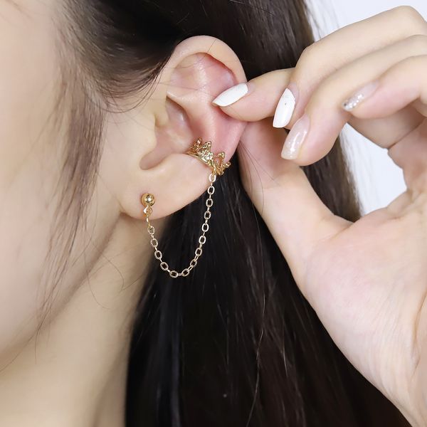 

2021 fashion punk personality crown clip earrings chain pendant clip-on hook ear clips double pierced earring women girls jewelry, Silver