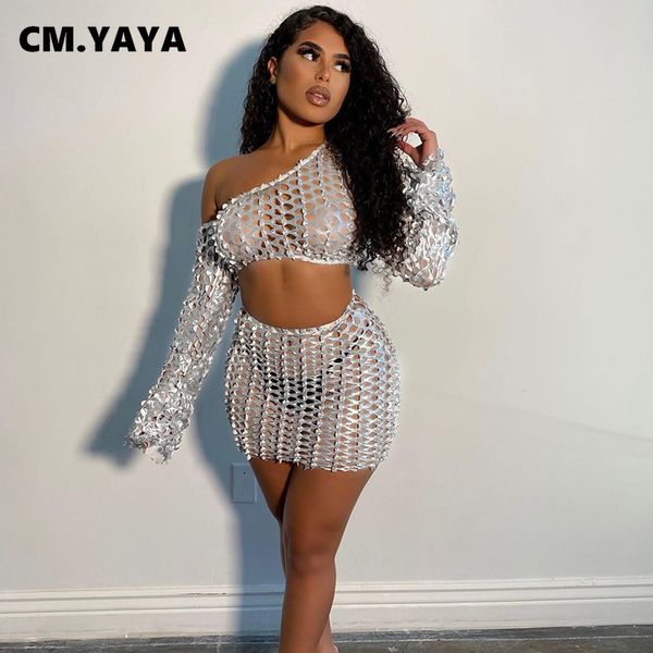 

gauze see though two 2 piece set for women club night party outfits one shoulder crop + mini midi skirt setby air, White