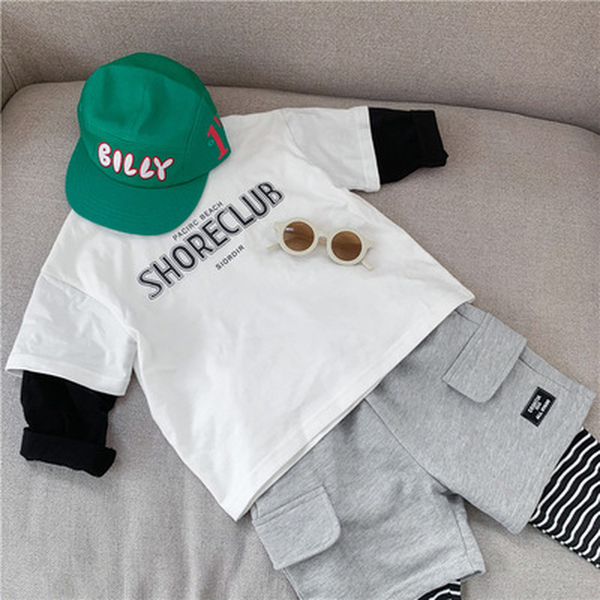 

2022 new childrens clothing boys and childrens letter t-shirts printed fake two-piece t-shirts cool and fashionable wear, Blue