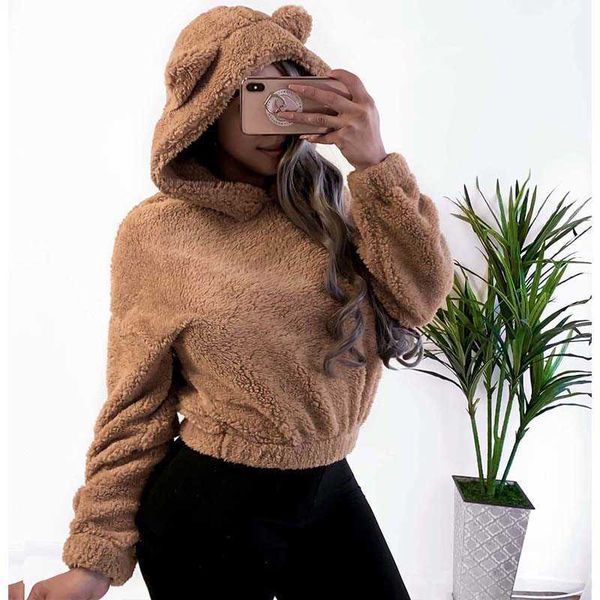 Bonitos orelhas do urso quente mulheres de pelúcia colheita hoodies casual manga longa harajuku outono inverno moletom com capuz w603 210526