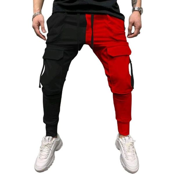 

men's pants fashion laces multiple pockets trousers men joggers casual sports color matching lace-up hip hop leggings, Black