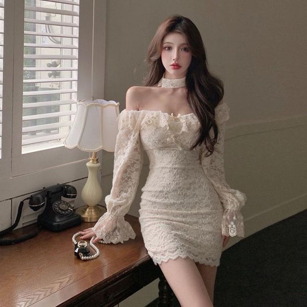 

casual dresses vestidos korean style women halter slim lace 2021 autumn winter female off shoulder thin prom office dress 9 kl, Black;gray