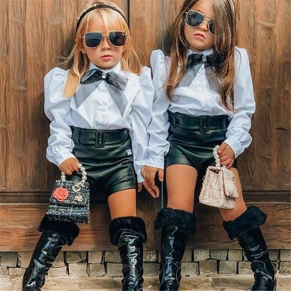 

clothing sets 1-6y fashion children girls toddler kids lace bowtie blouse shirts +pu leather shorts tracksuits outfits, White