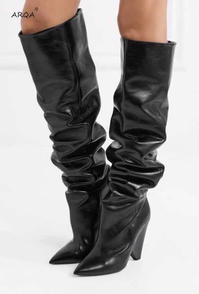 

boots 2021 roman style fashion ladies fold knee with pointed leather knight women long big size, Black