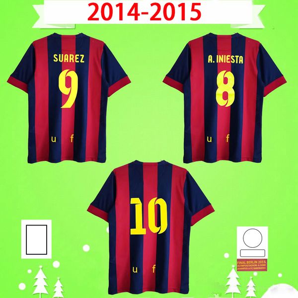 Barcelona 2014 2015 retrô camisola de futebol casa clássico camisa de futebol vintage com manchas # 10 messi camiseta de futbol 14 15 Suarez Rakitic Xavi Tello Pedro S-2xl