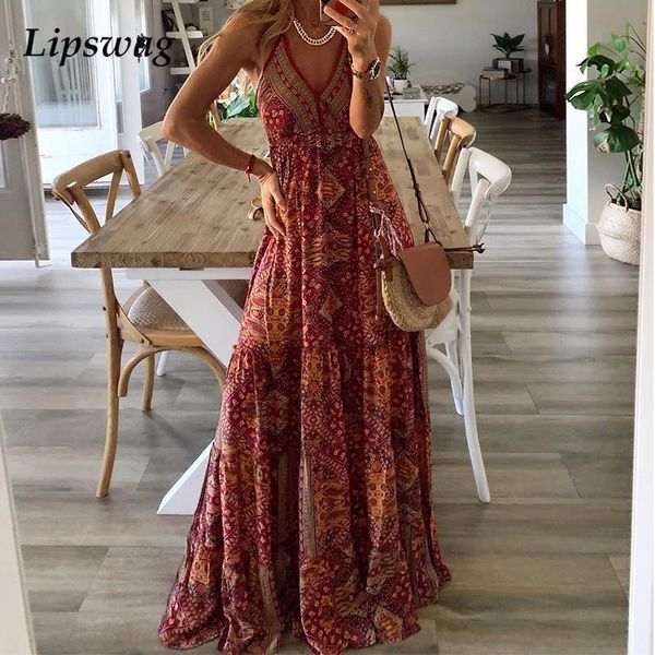 

fashion summer lady beach maxi dress women sling boho print long dress spring elegant v neck sleeveless party dress vestidohigh quality, Black;gray