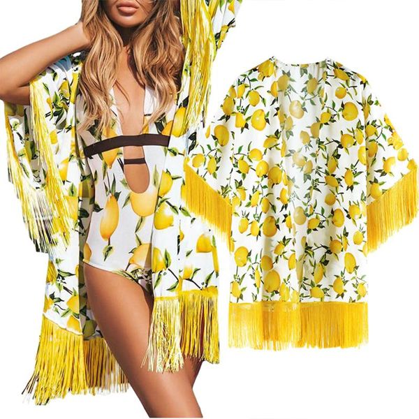 

fashion women casual beach cover ups blouse yellow lemon printed pattern half sleeves with tassels female beachwear dress women's swim, White;black