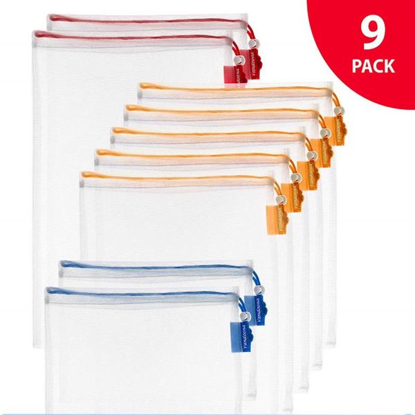 

storage bags reusable produce washable see-through mesh grocery with drawstring & tare weight tags for fruits and vegetables