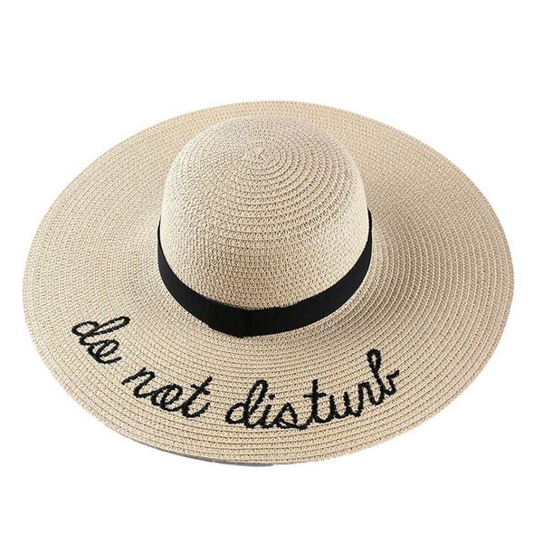 

summer womens wide brim do not disturb sun hat embroidery straw cap floppy foldable roll up beach beige hats, Blue;gray