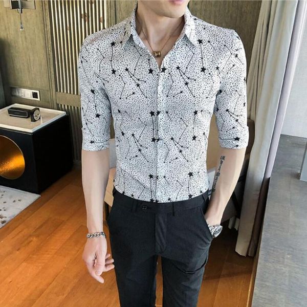 

men's casual shirts autumn men fashion social business shirt slim fit half sleeve all match print blouse, White;black