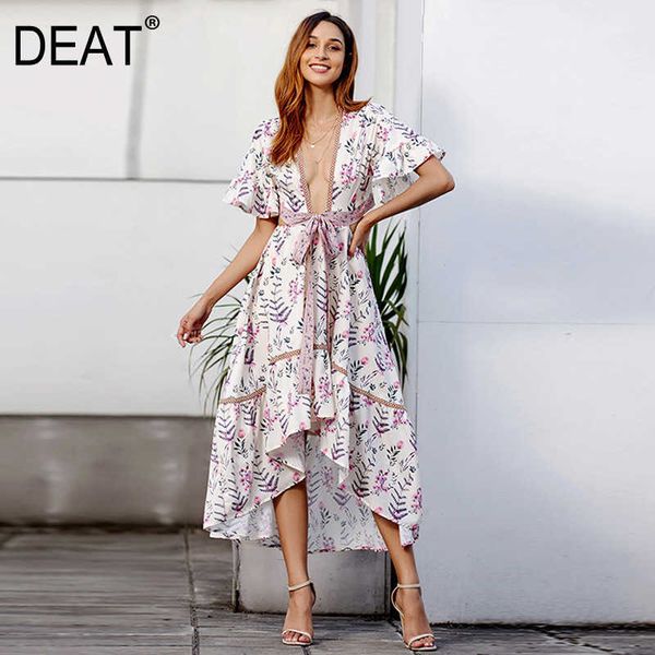 

[deat] summer fashion v-neck high waist knee-length short sleeve printing loose elegant bohemian dress 13c659 210527, Black;gray