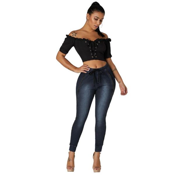 

women's jeans shiying waist expansion belt side zipper decoration long plus size 786032, Blue