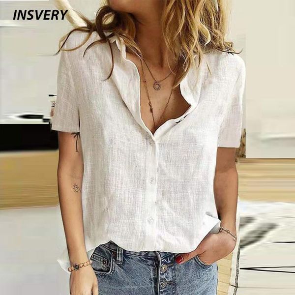 

women's blouses & shirts whirt blouse women shirt button cardigan turn down collar short sleeve elegant casual female s-5xl, White