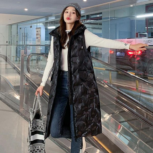 

women's vests winter casual mid long waistcoat for women sleevless warm hooded ladies vest jacket with pockets down cotton padded femal, Black;white