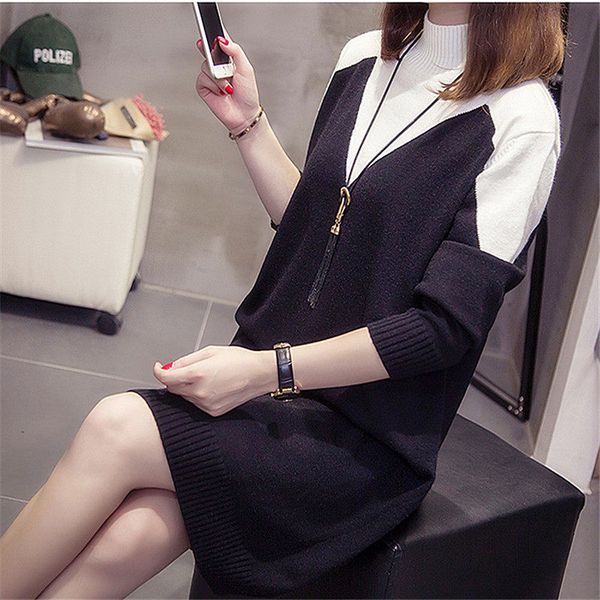 

fall and winter leotards size big hit color women's loose long knit sweater dress f2387 bruc, Black;gray