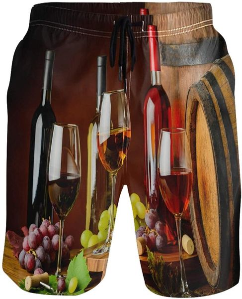 

vintage red wine glasses grape wooden keg men's swim trunks quick dry shorts with pockets, White;black