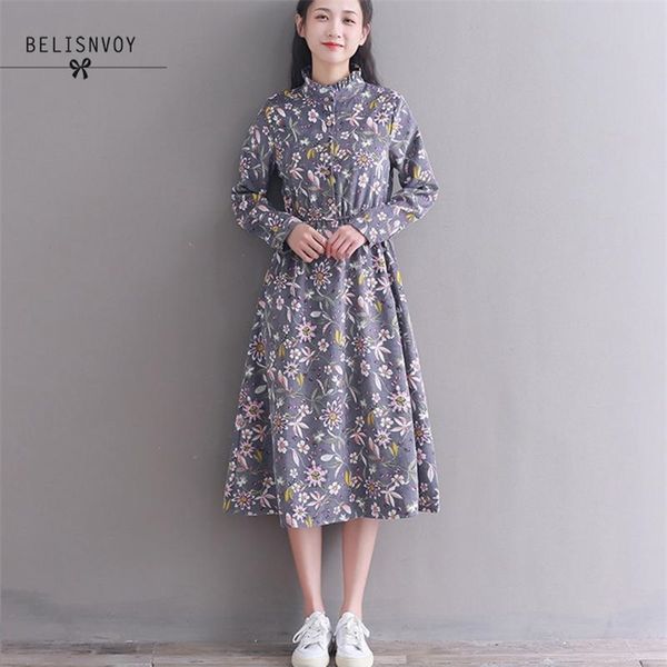 

mori girl vintage casual loose women clothes spring autumn floral printed vestidos femininos ruffled corduroy elegant female 210520, Black;gray