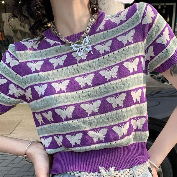 

women's t-shirt summer thin knitted t shirt butterfly printe crop tees 2021 casual short sleeve ladies o neck, White