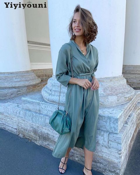 

yiyiyouni casual high waist a-line dress women loose three quarter sleeve sashes v-neck party mid-calf sping dresses, Black;gray