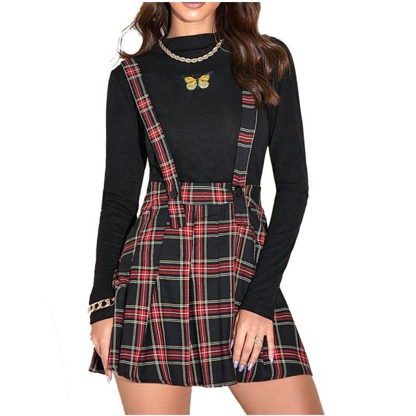 

skirts women's fashion plaid pleated skirt a-line with high waist school style retro punk print, Black