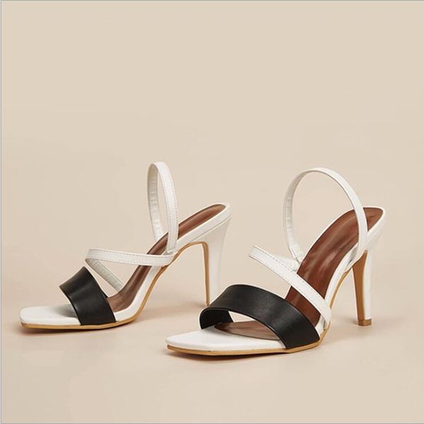

2021summer fashion women sandals high heel color block square thin belt slippers slip on open toe casual outdoor party shoes, Black
