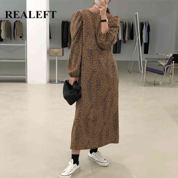 

classic leopard printing long dresses autumn women puff sleeve o-neck loose chic dress lady korean style 210428, Black;gray