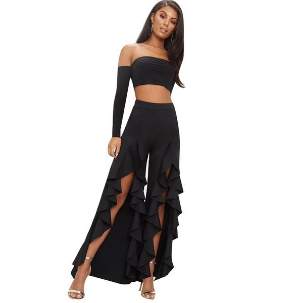 

women's pants & capris women loose casual high waist double ruffle trousers 2021 fashion solid female long flare, Black;white