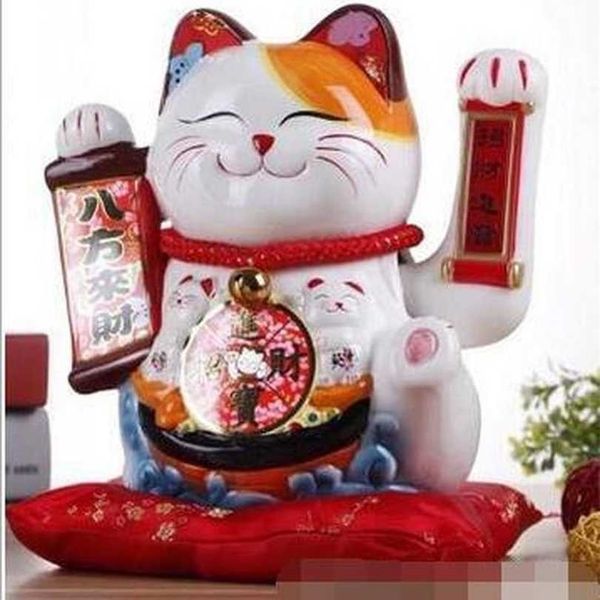 10 polegadas artesanato acenando a mão afortunado gato fortuna presente maneki neko acolhedor feng shui artesanato caixa de dinheiro casa decoração 211101