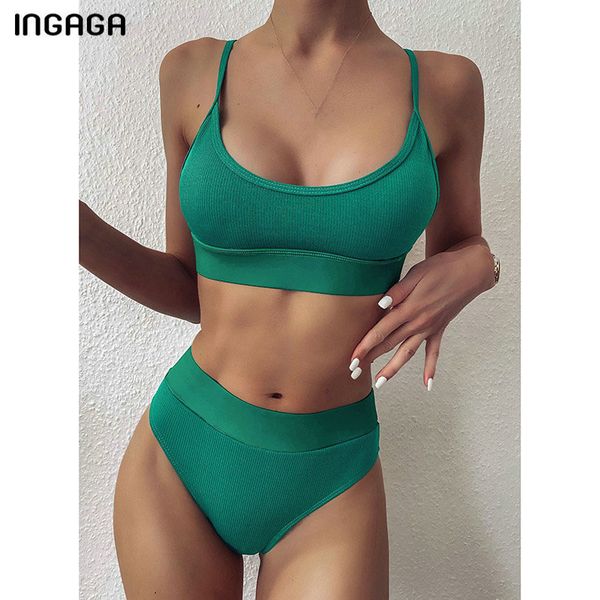 

ingaga high waist bikinis 2021 swimwear women push up swimsuits solid brazilian bikini ribbed biquini strap swim bathing suits