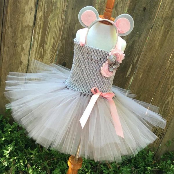 

girls pink grey mouse girl dresses tutu kids crochet tulle with flower and hairbow children birthday party costume, Red;yellow