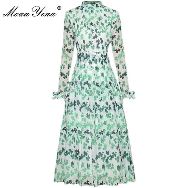 

fashion designer dress summer women's dress long sleeve green floral print chiffon vacation midi 210524, Black;gray