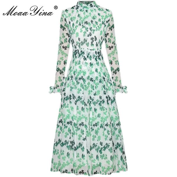 Abito stilista Abito estivo da donna Manica lunga Verde Stampa floreale Chiffon Vacanza Midi 210524