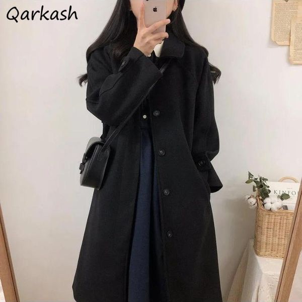 

women's wool & blends women plus size loose elegant cozy coat korean fashion casual autumn winter streetwear outwear thicker solid long, Black