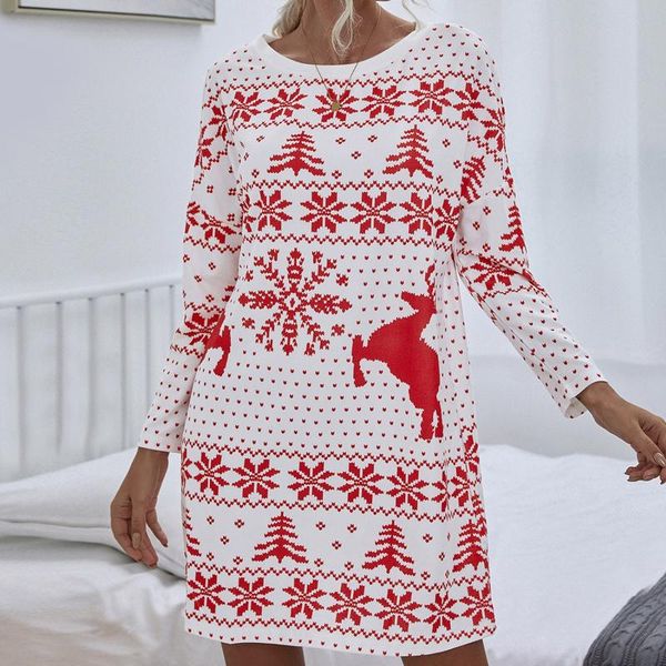 

casual dresses christmas dress women deer snowflake print round neck long sleeve loose pullovers xmas year sundress vestidos, Black;gray