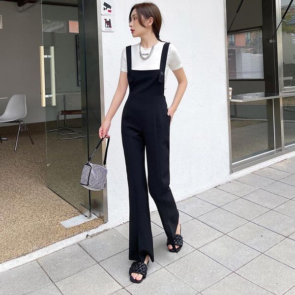 

women's pants & capris korean fashion wide leg flared 2021 autumn women black open fork nylon plus size casual high waist suit suspende, Black;white