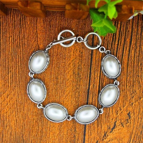 

link, chain oval pearl bracelet for women vintage strand antique silver plated cocktail party fashion jewelry, Black