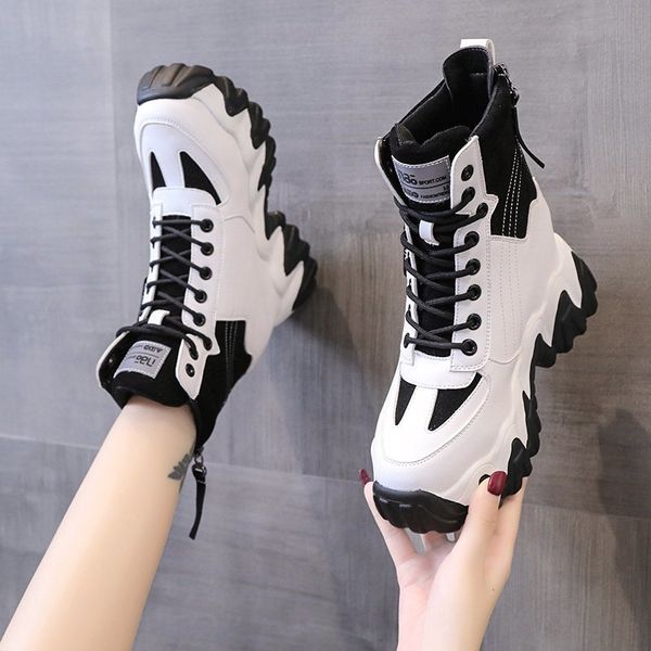 

New Autumn Zipper High-top PU Leather Shoes 2021 Spring Women Sneakers Boots High Heels Increased Within 7CM Wedges Casual Boots, Black white