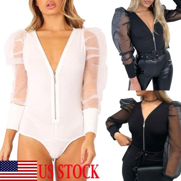 

women's jumpsuits & rompers 2021 women mesh sheer long sleeve shirt bodysuit stretch leotard blouse, Black;white