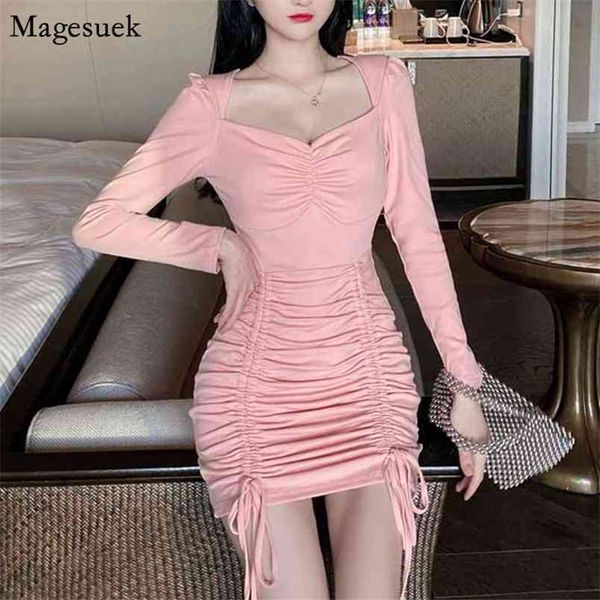 

autumn cotton pink mini dress drawstring bodycon long sleeve pleated casual es for women party vestidos 12146 210512, Black;gray