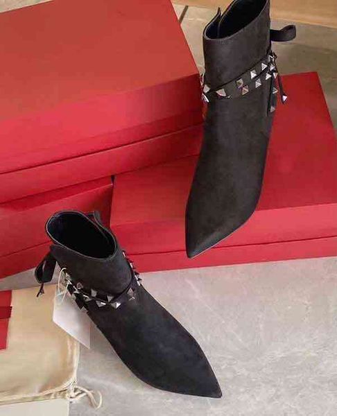 

designer winter famous women's rock stud ankle boots grey black suede leather bow + pointed toe lady booties party wedding dress eu35-4
